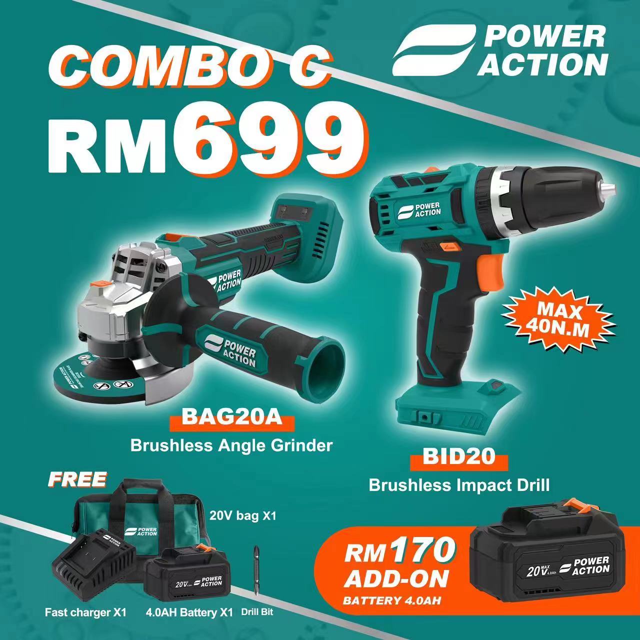 Combo C Brushless Impact Drill + Brushless Angle Grinder Power